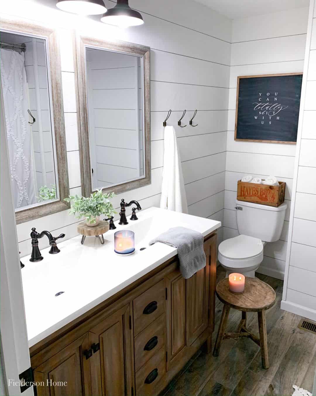 Wooden Crate Adds Vintage Charm Above Toilet Tank