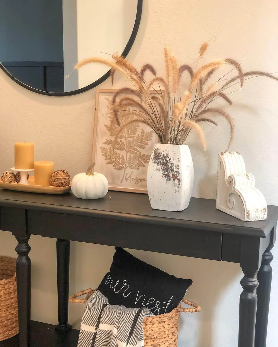 Distressed White Vase Holds Fluffy Dried Grasses
