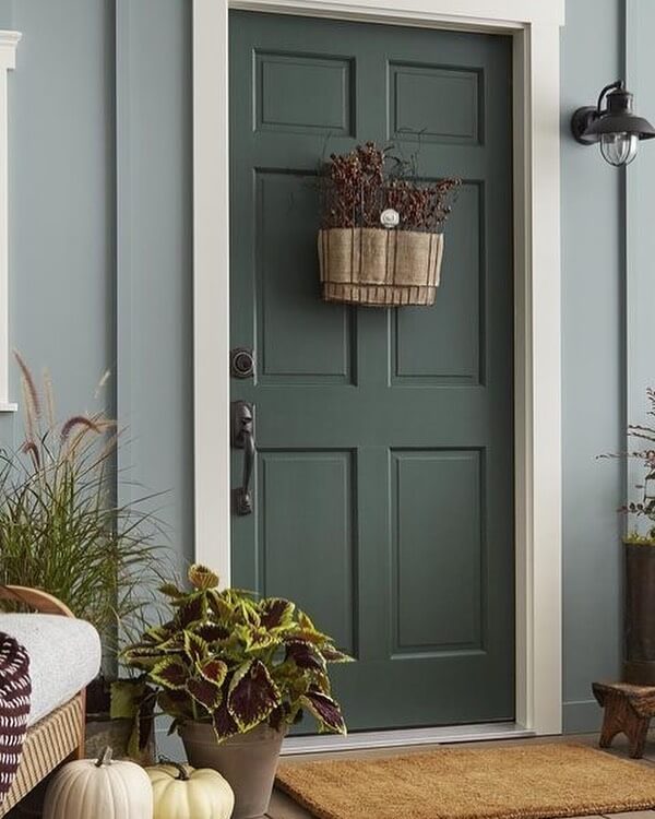 Deep Forest Green Door With Burlap-Wrapped Hanging Basket