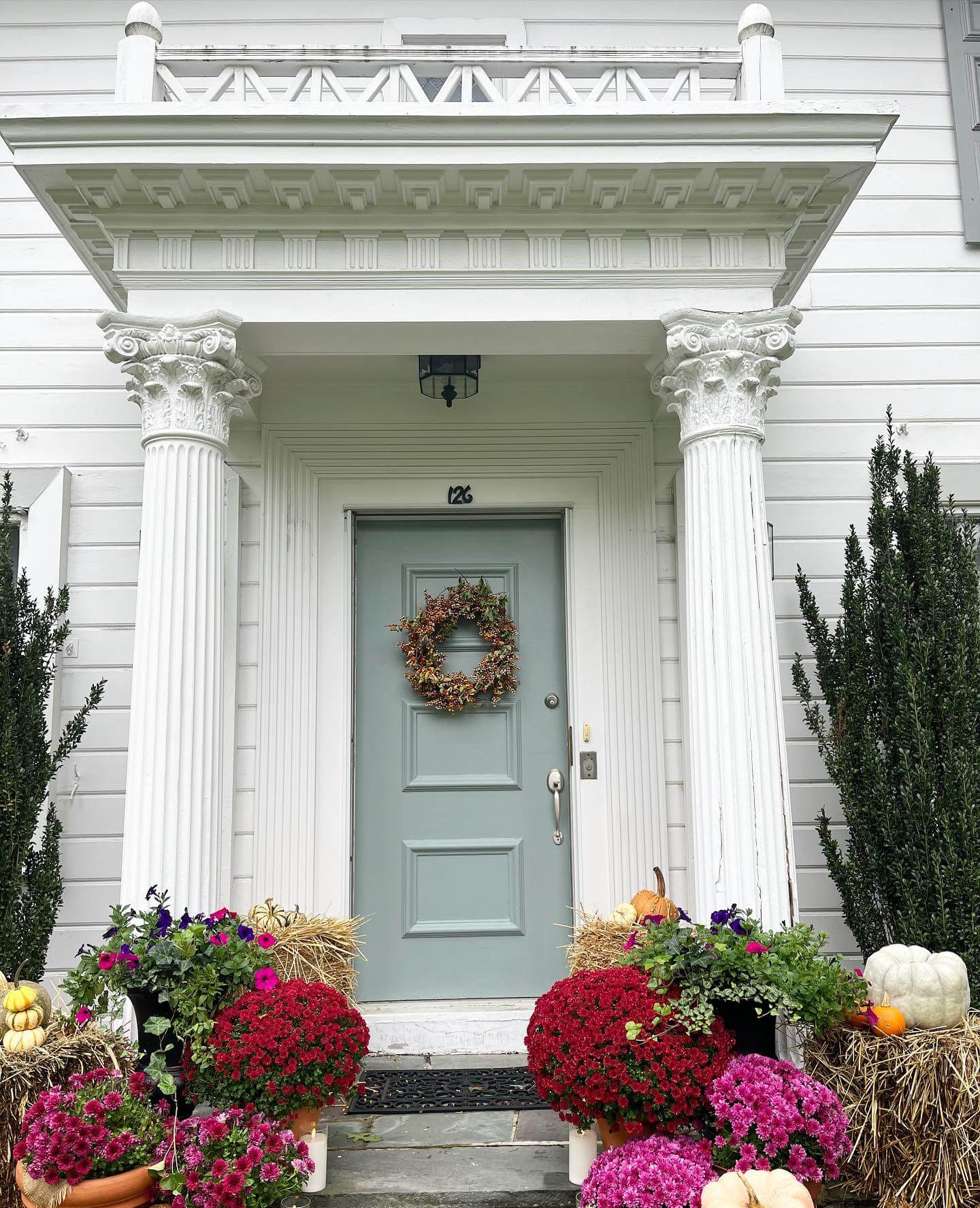 Dusty Blue Door With Fall Harvest Accents