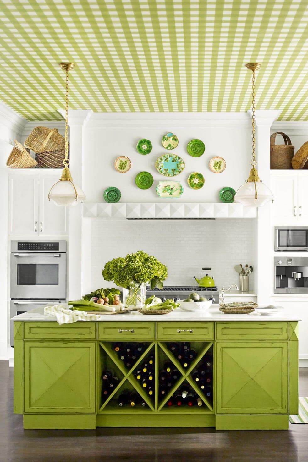 Green and White Gingham Ceiling Creates a Playful Kitchen Canopy