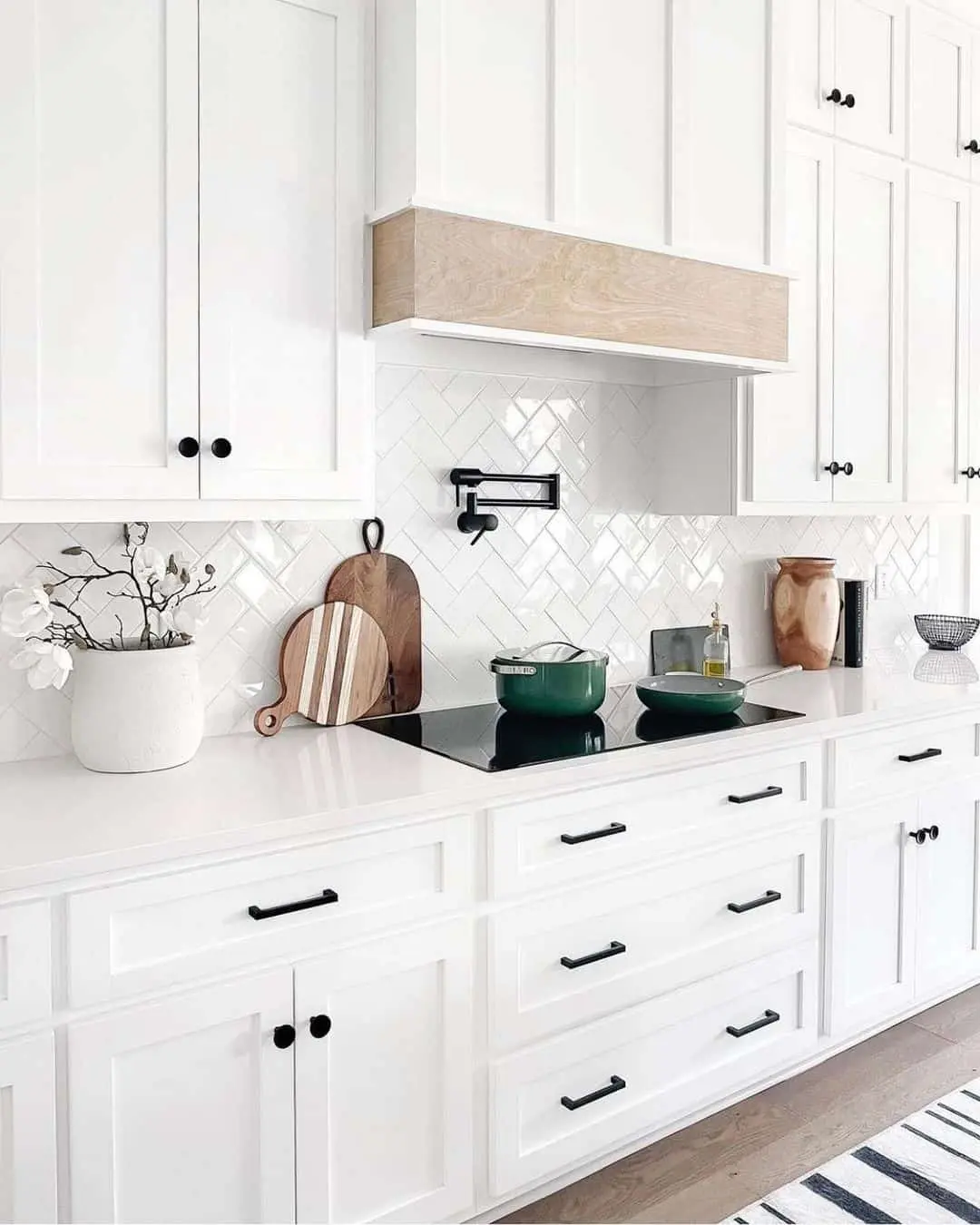 Wood Range Hood Accent Caps White Herringbone Tile
