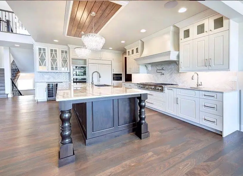 Dark Wood Island Balusters Anchor White Herringbone Tile
