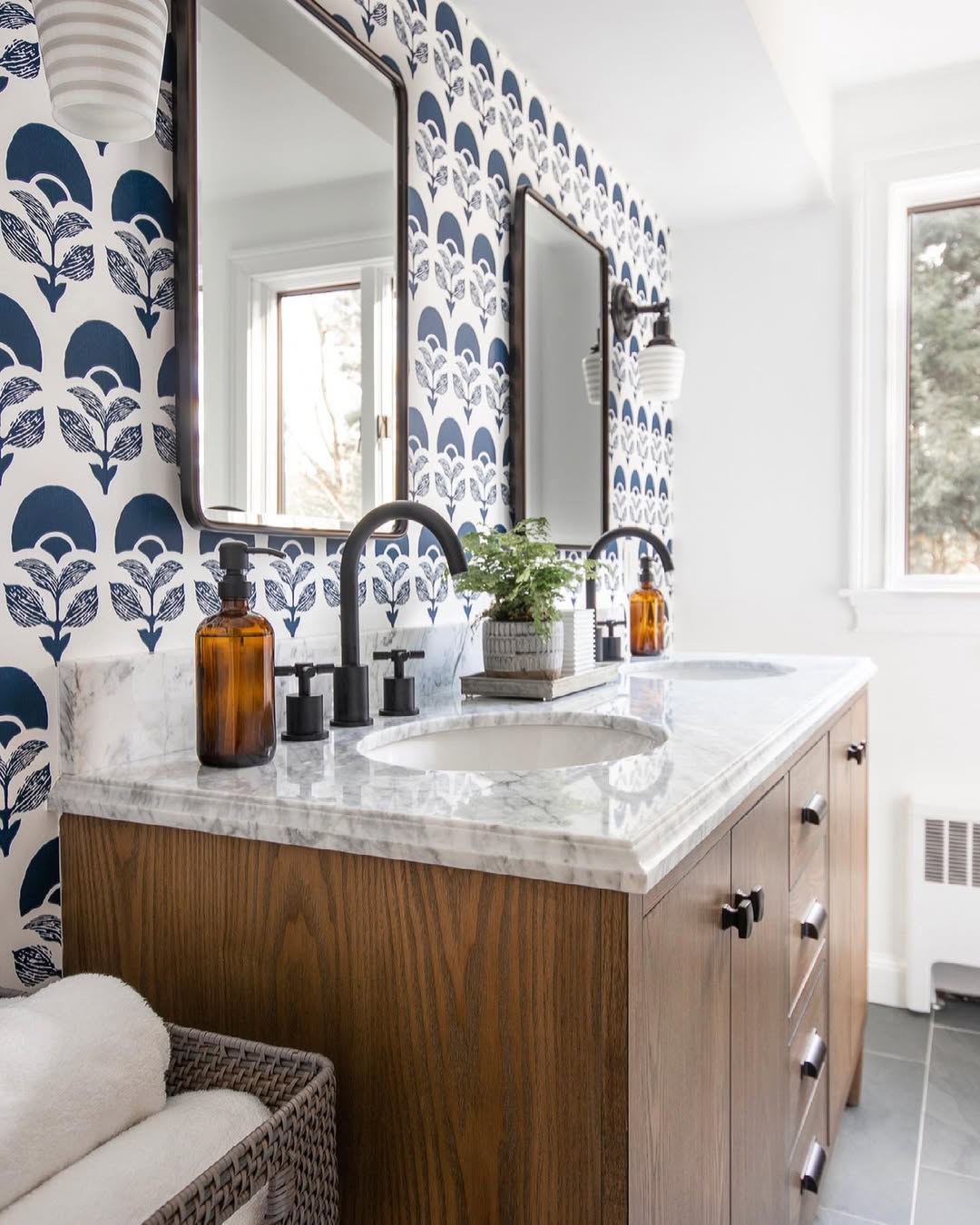 Patterned Navy Wallpaper Adds Bold Contrast to Wood Vanity