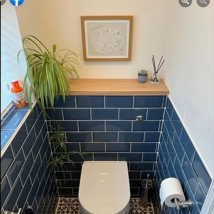 Wooden Shelf Above Navy Tiles Holds Greenery and Decor