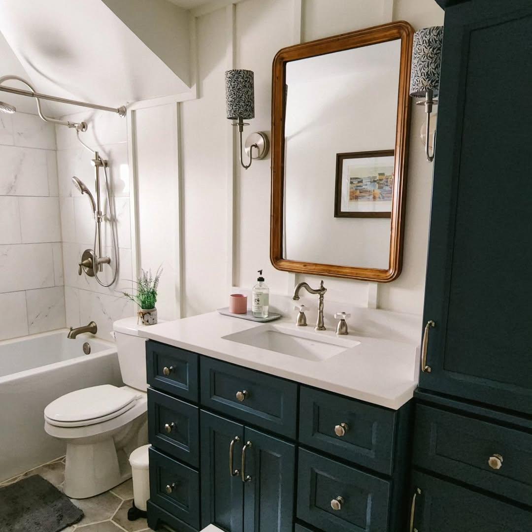 Anchor Your Space With a Navy Vanity and Brass Hardware
