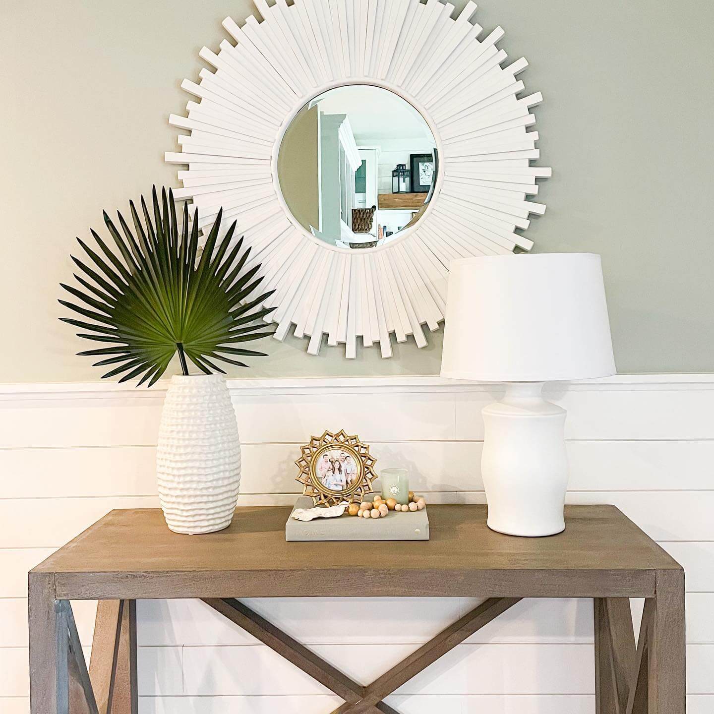 Sunburst Mirror Adds a Bright Focal Point Above Shiplap