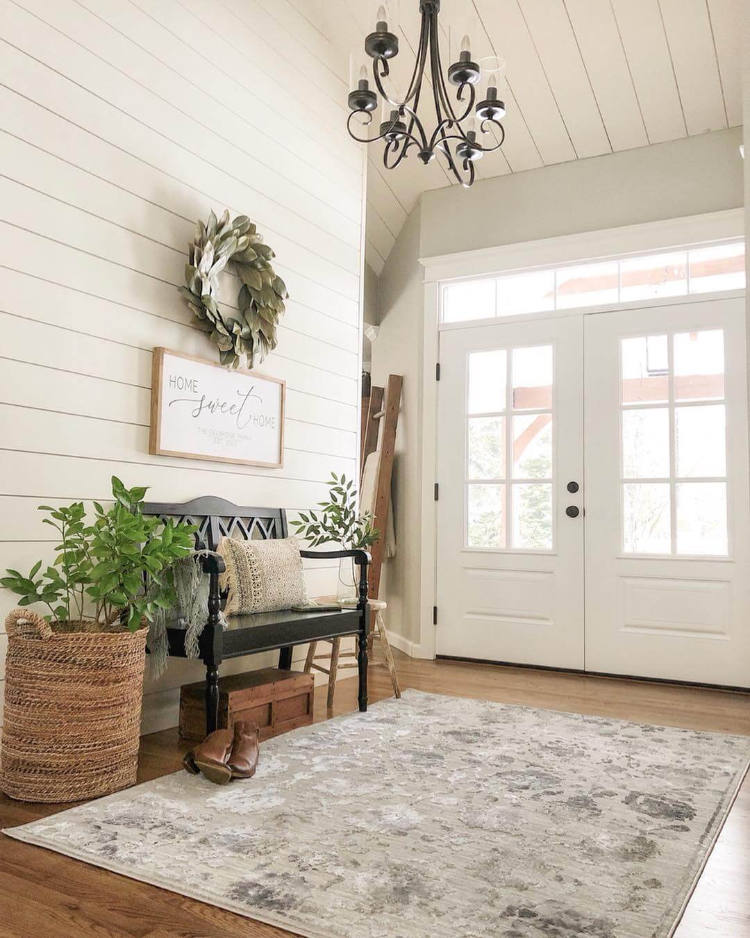 Wooden Chest Adds Rustic Storage Beneath Entryway Bench