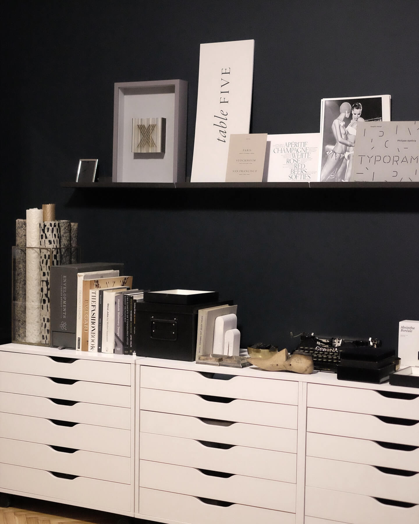Framed Art Adds Graphic Accent to Dark Walls