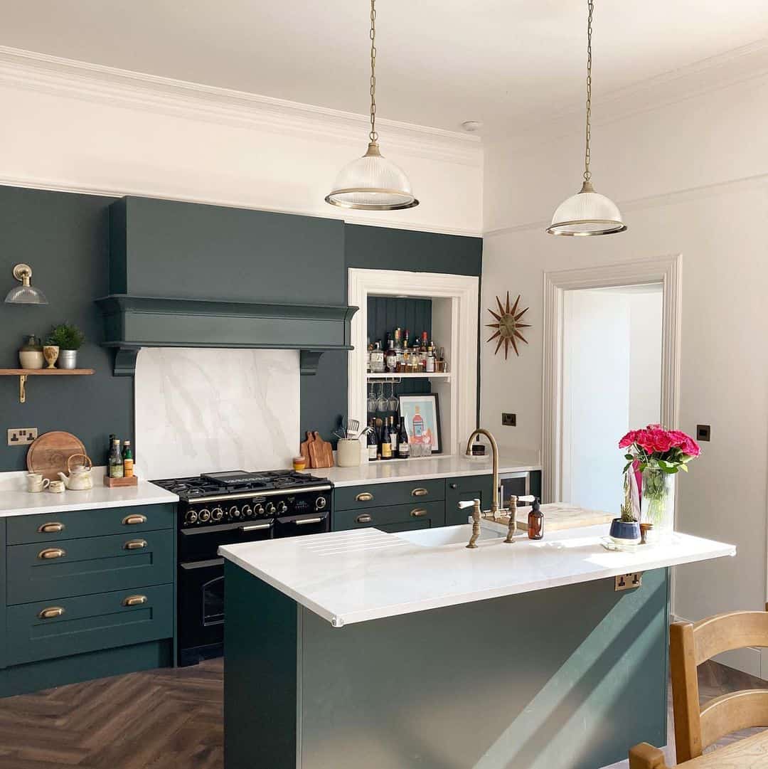Deep Green All-Drawer Cabinets with Classic Brass Cup Pulls