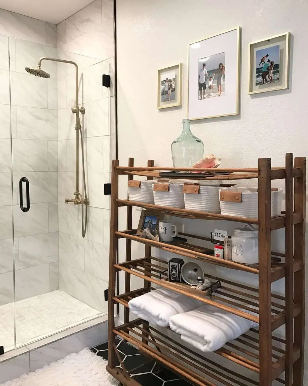 Open Wooden Shelves for Textured Storage Baskets