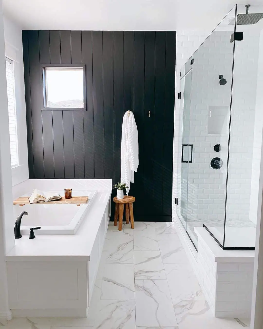 Black Shiplap Wall Creates a Dramatic Shower Backdrop