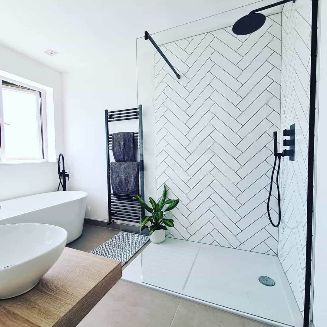 Herringbone Tile Creates a Textured Shower Wall