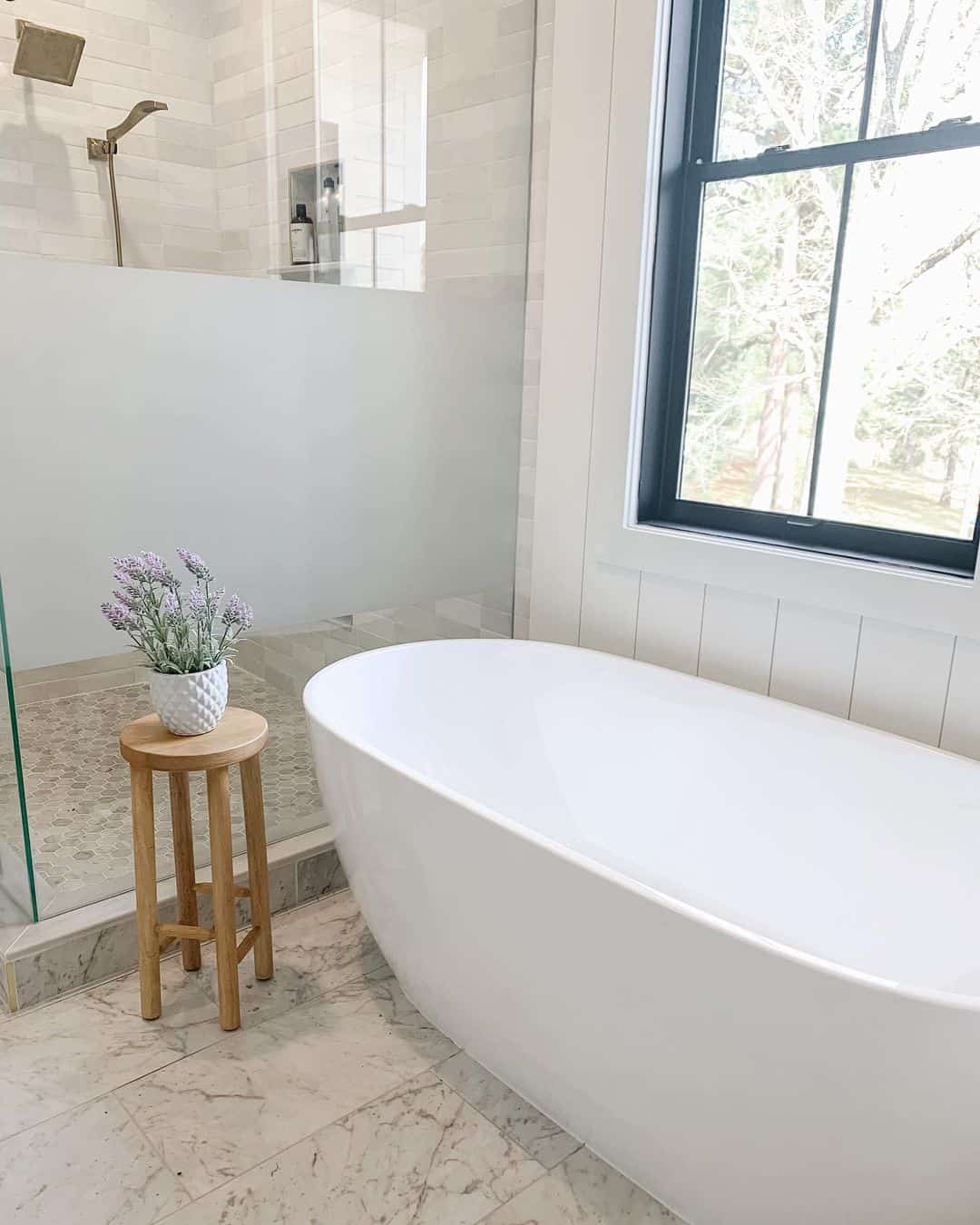 Wooden Stool Adds a Natural Touch Next to the Tub