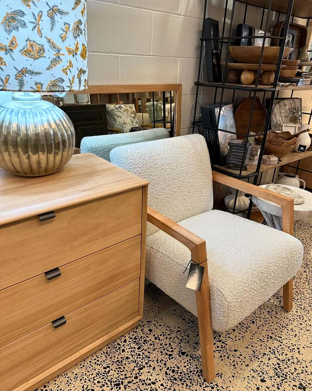 Soft Bouclé Armchair with a Natural Wood Frame