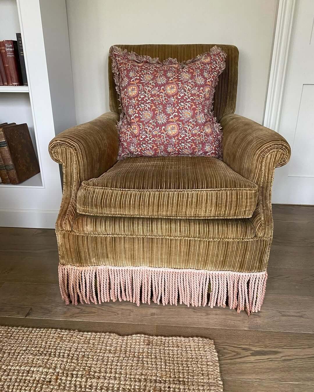 Velvet Armchair with Playful Pink Fringe Detail