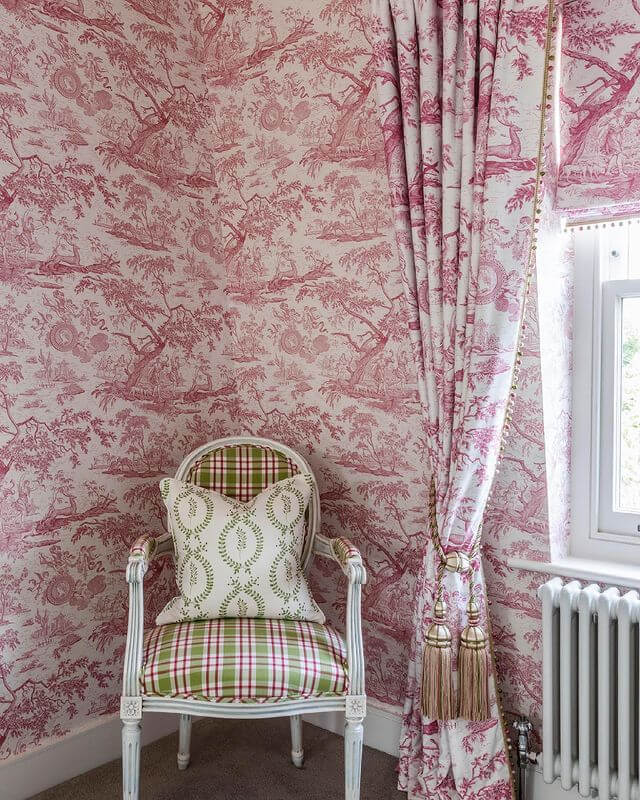 Plaid Upholstery Contrasts Playfully with Toile Wallpaper