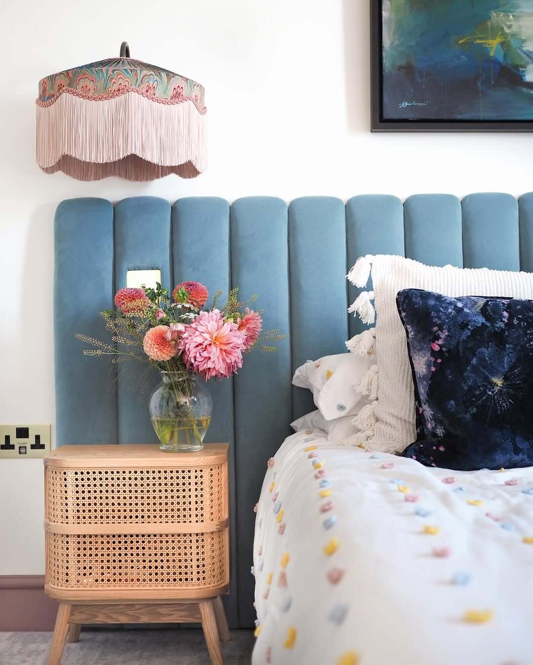 Cane-Fronted Bedside Cabinet With Natural Wood Base