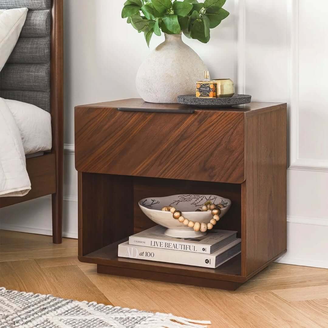 Dark Wood Nightstand With Chevron Drawer Front Detail