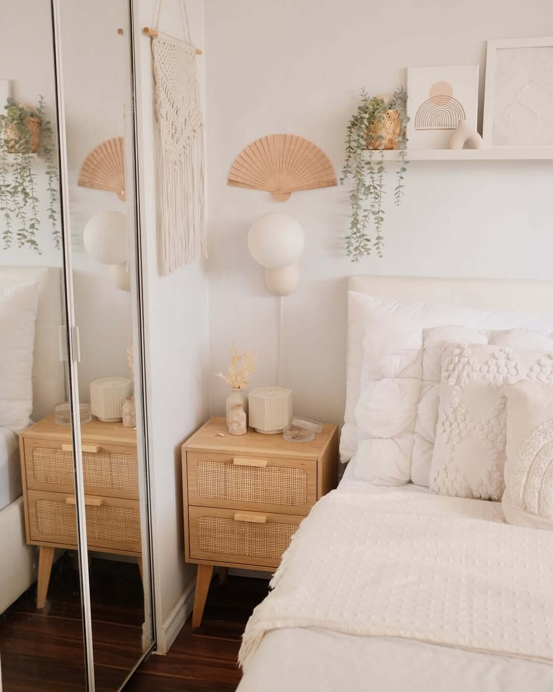 Natural Wood Nightstand With Cane-Inlay Drawer Fronts