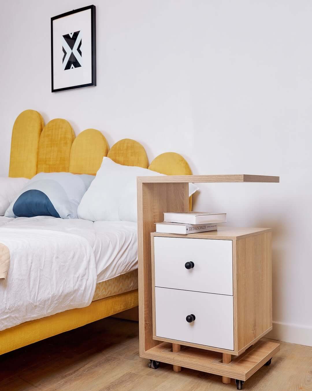 Bedside Table With Overhanging Shelf and Black Knob Drawers