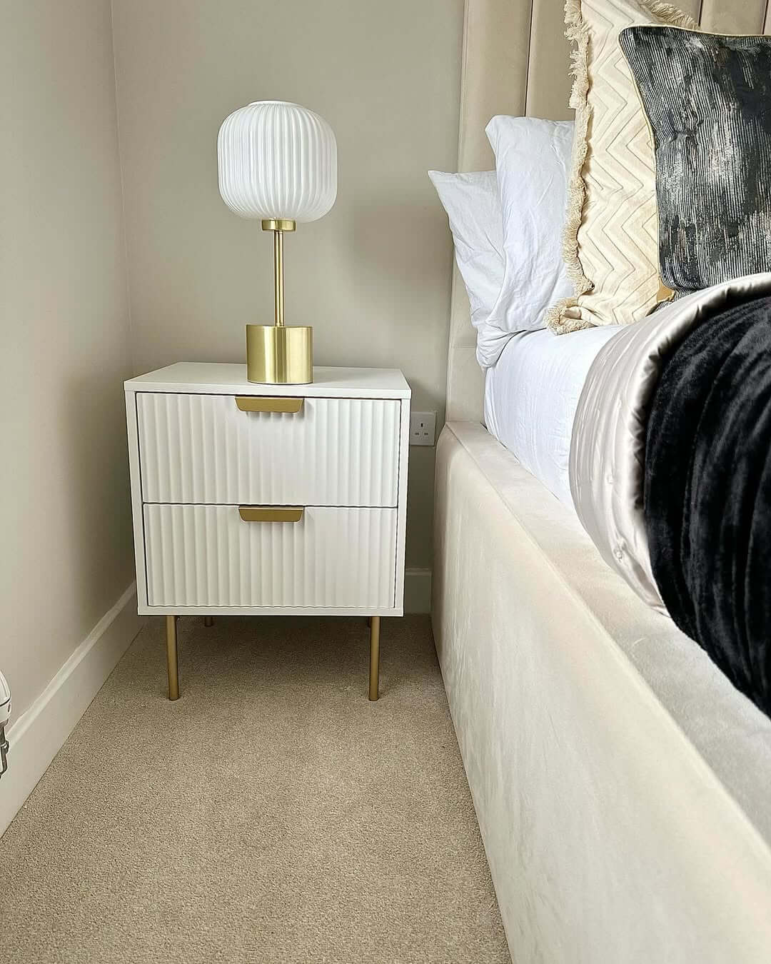White Fluted Nightstand With Tapered Gold Legs