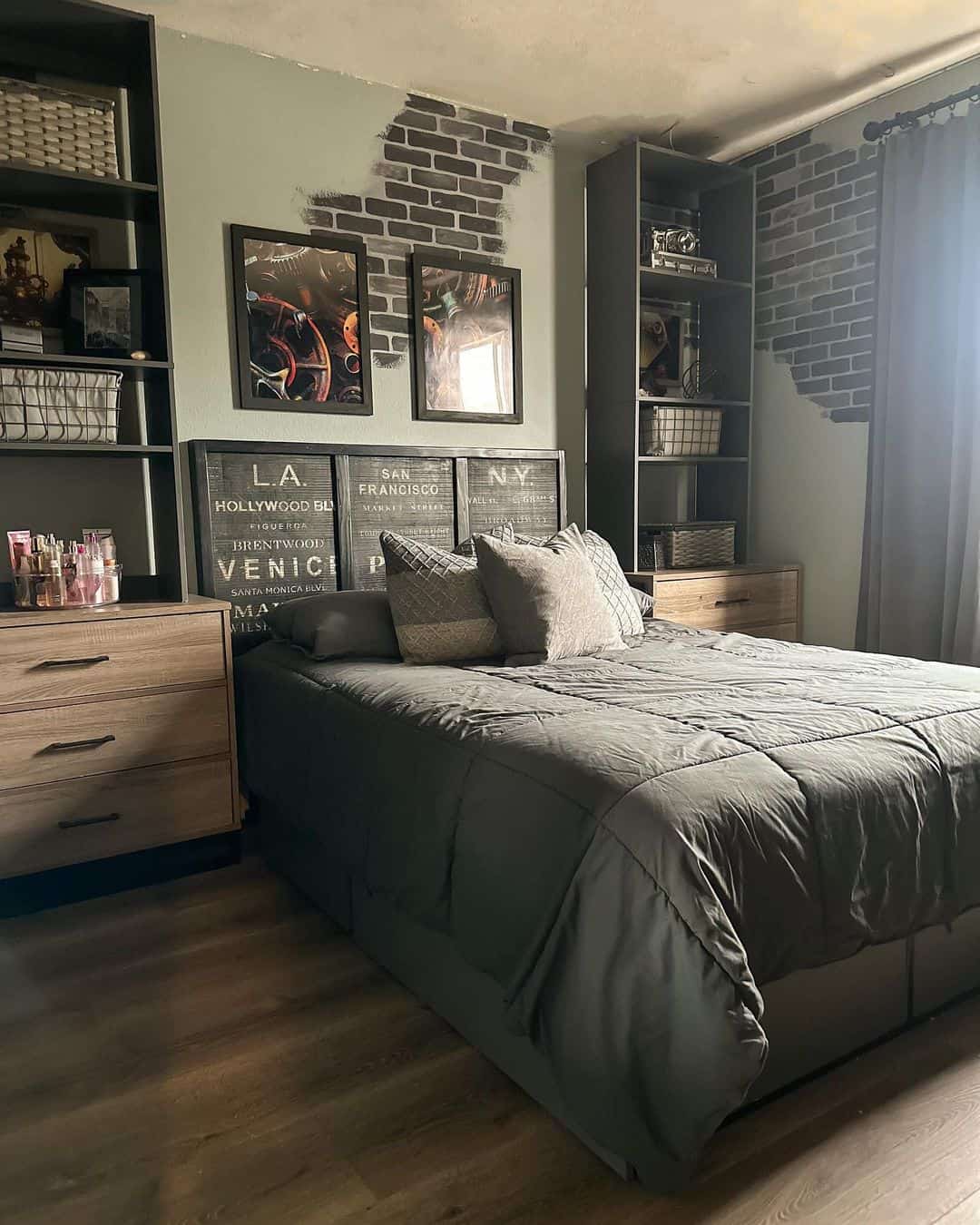 Cityscape Panels Add Graphic Interest Above a Black Headboard