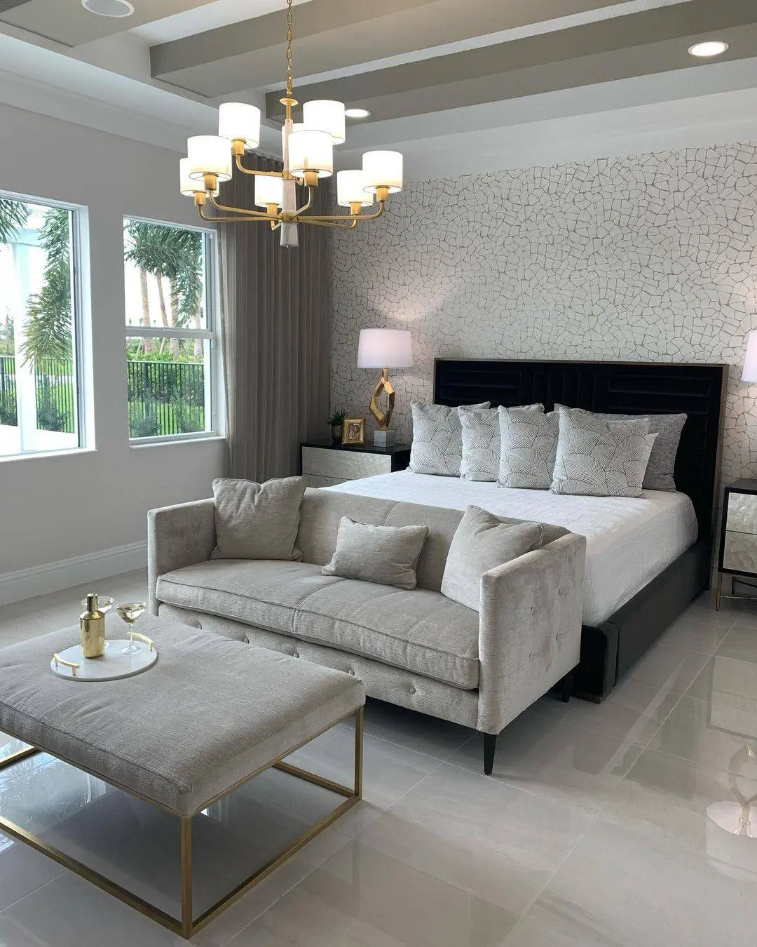 Textured Wallpaper Creates a Dramatic Backdrop for a Black Headboard