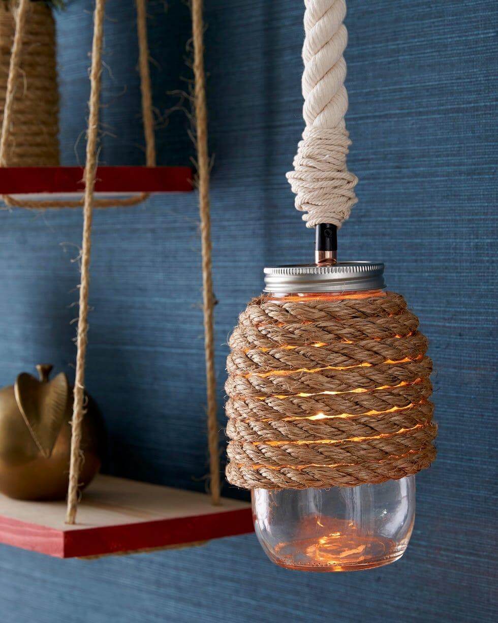 Mason Jar Lamp Wrapped in Rope for Coastal Charm