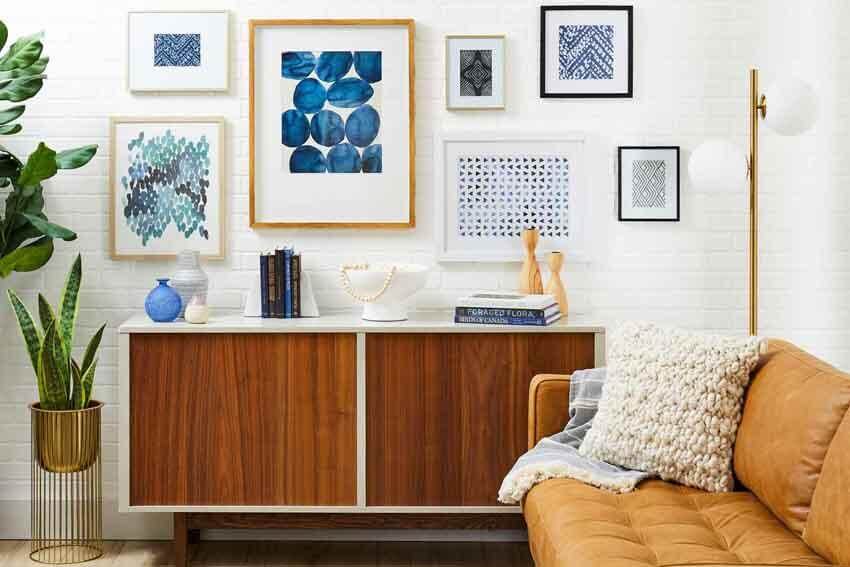 Framed Blue and White Art Creates a Gallery Wall