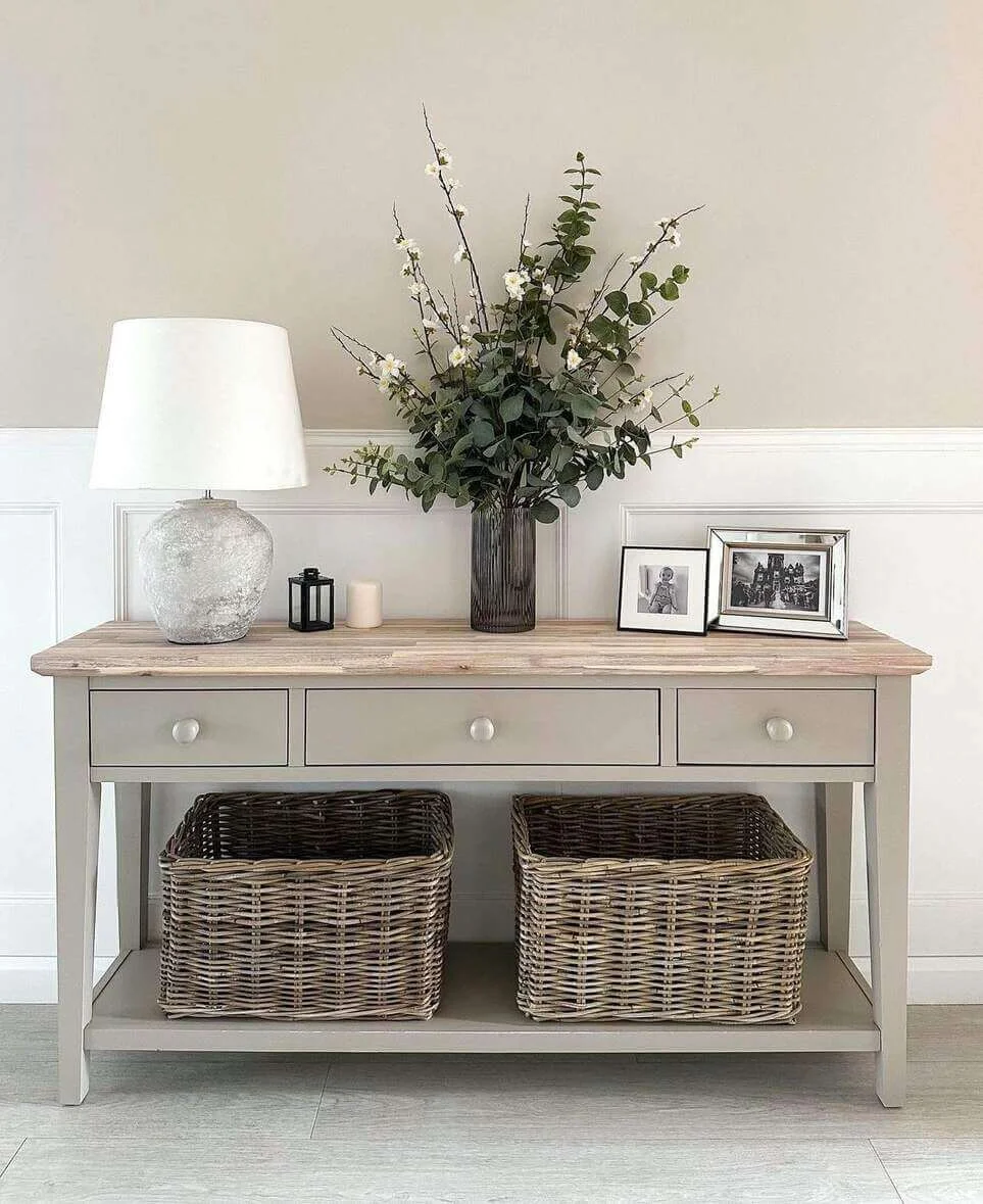Woven Baskets Add Natural Texture to Console Table Storage