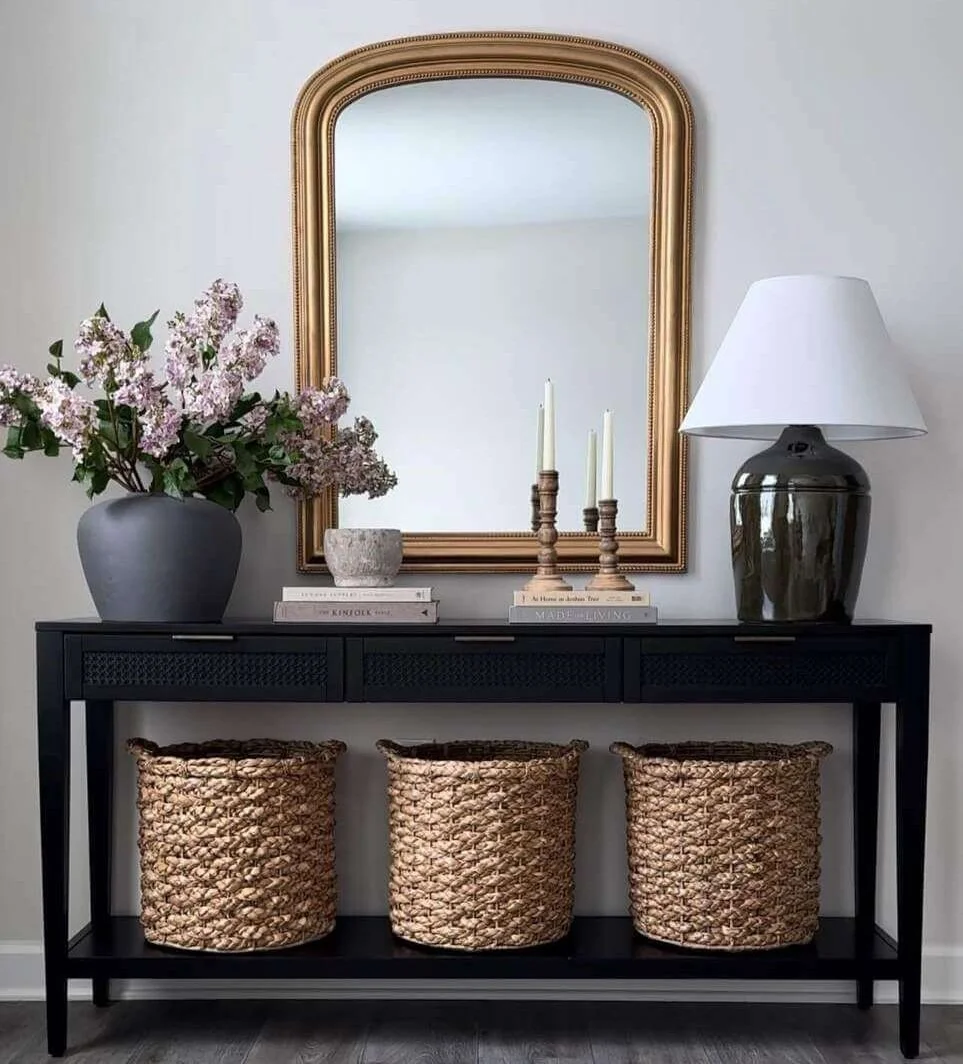 Woven Baskets Add Natural Texture and Storage Below Console
