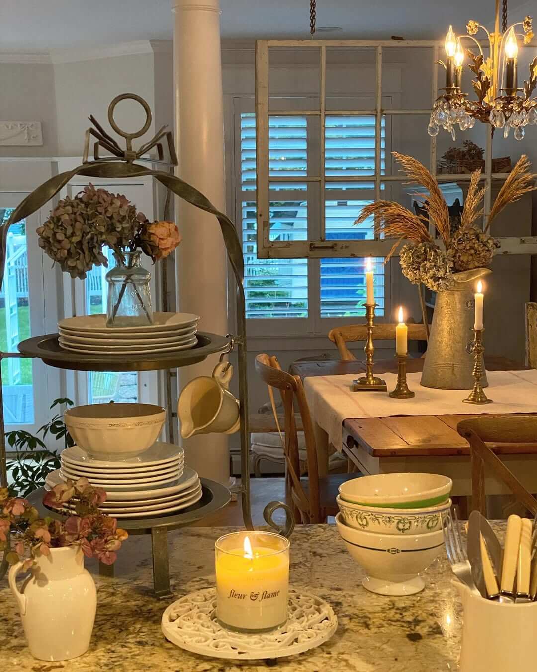 Tiered Stand Displays Dishes With A Vintage Mug Accent