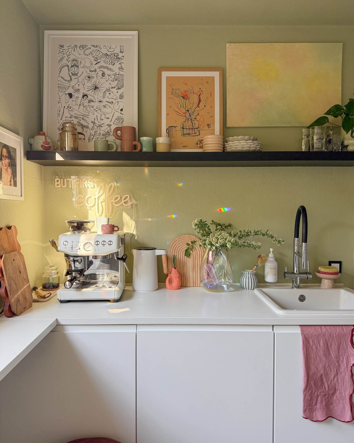 Neon Sign Adds Playful Personality Above the Coffee Station