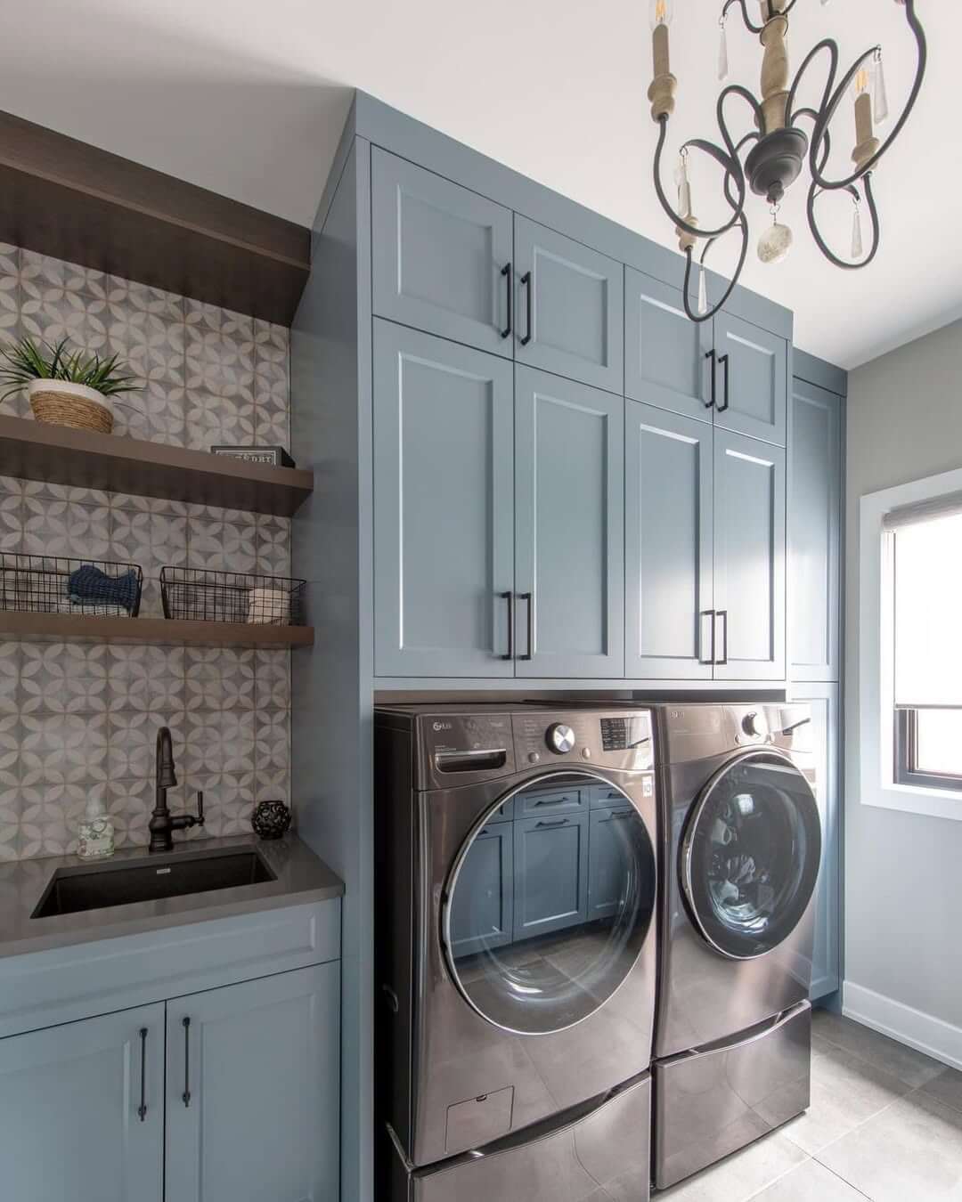 Dusty Blue Cabinets With Contrasting Black Hardware