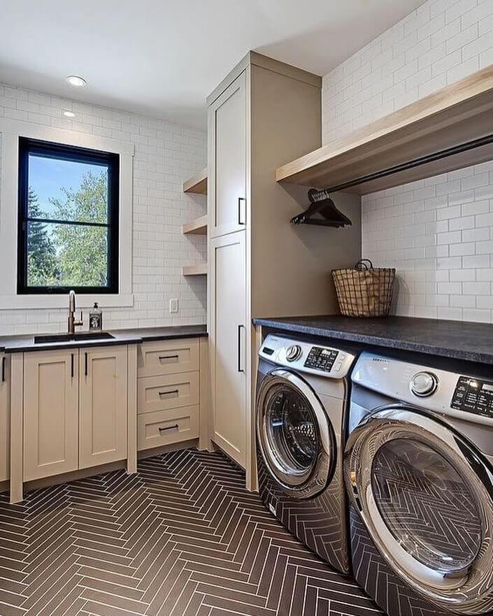 Wooden Open Shelves Create a Hanging Rail for Clothes