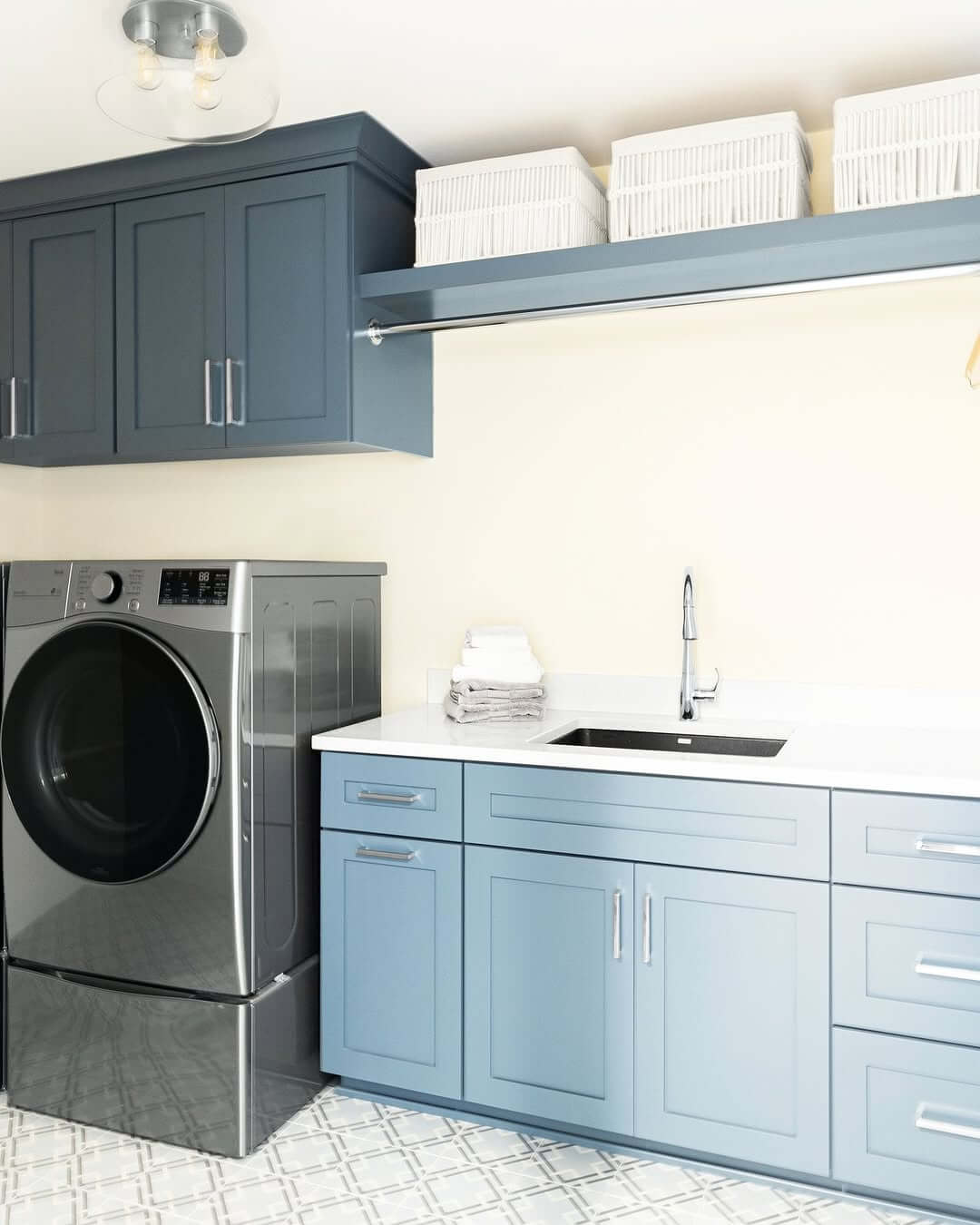 Blue Shaker-Style Cabinets With Silver Drawer Pulls