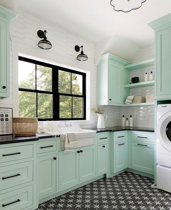 Mint Cabinets With Matte Black Bar Pulls