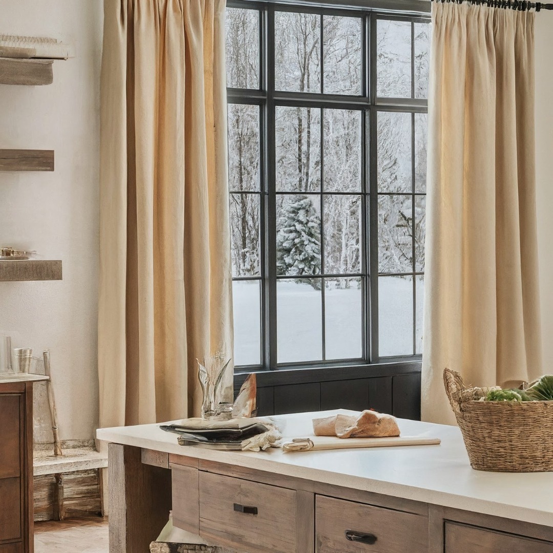 Warm Beige Drapes Soften a Grid Window With Winter Views