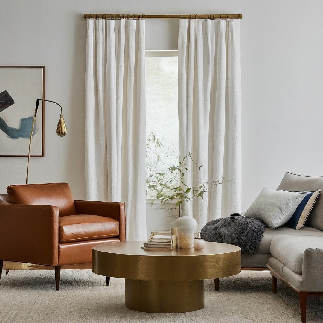 Floor-to-ceiling linen curtains add airy texture