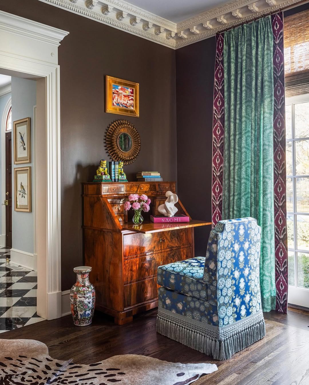 Patterned Drapes With Ikat Trim Add Global Flair