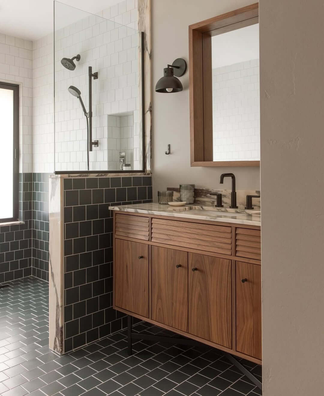 Wood Vanity With Louvered Drawer Fronts and Slim Legs