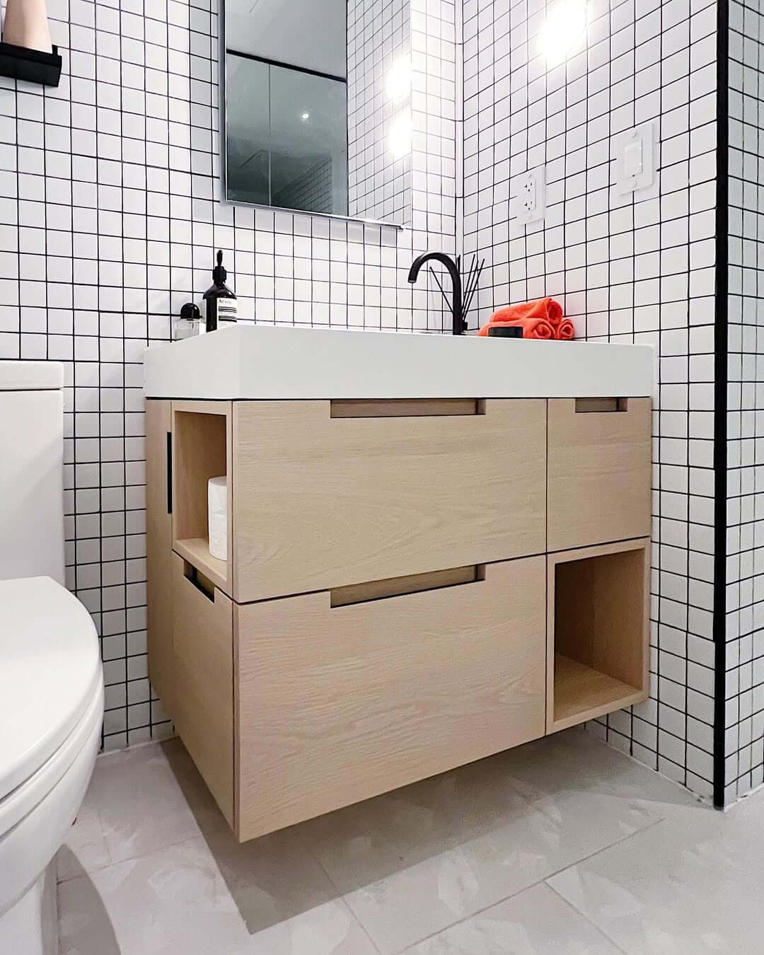 Floating Light Wood Vanity With Integrated Open Shelving