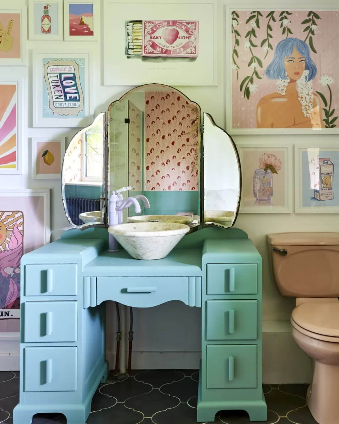 Art Deco Vanity in Soft Teal With Tri-Fold Mirror