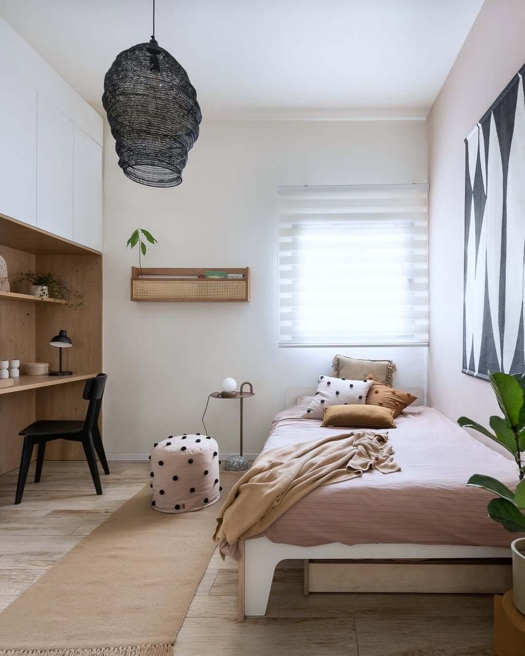 Woven Cane Shelf Adds Natural Texture Above Desk