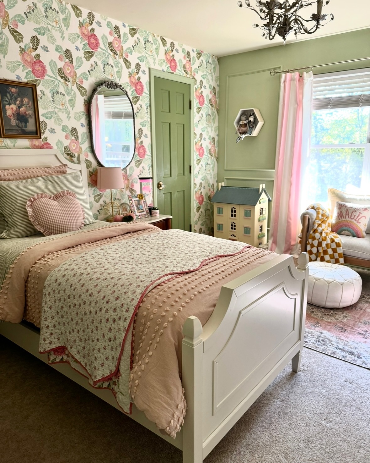 Green Door Adds a Playful Pop Against Floral Wallpaper