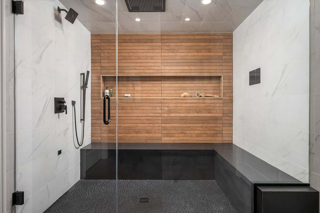 Wood-Slat Accent Wall Creates a Spa-Like Shower Niche