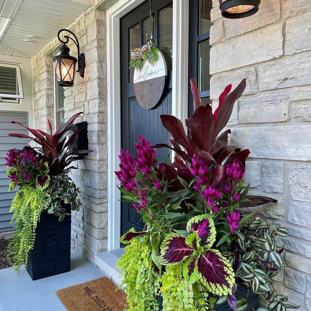 Layered Planters Create a Dramatic Entrance with Deep Hues