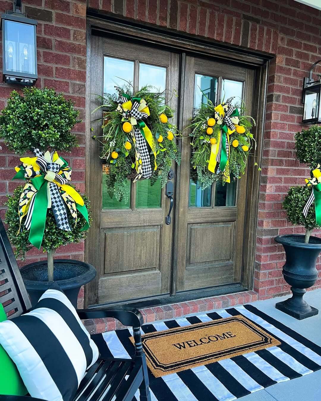 Lemon and Checkerboard Ribbons Add Playful Pattern to Door Wreaths
