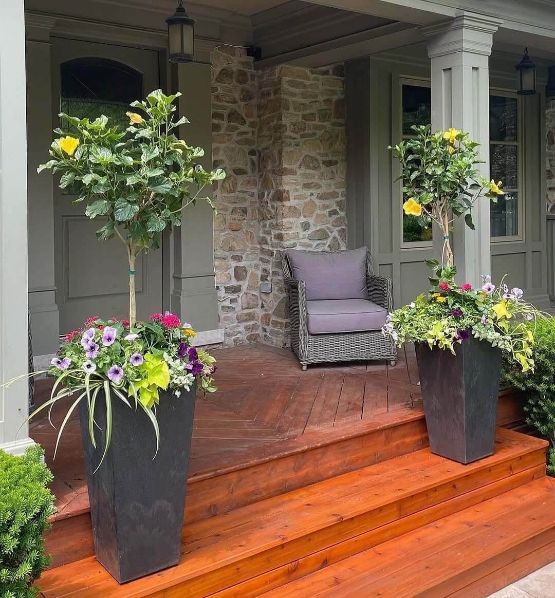 Elevate Your Porch Steps with Flowering Trees in Tall Planters
